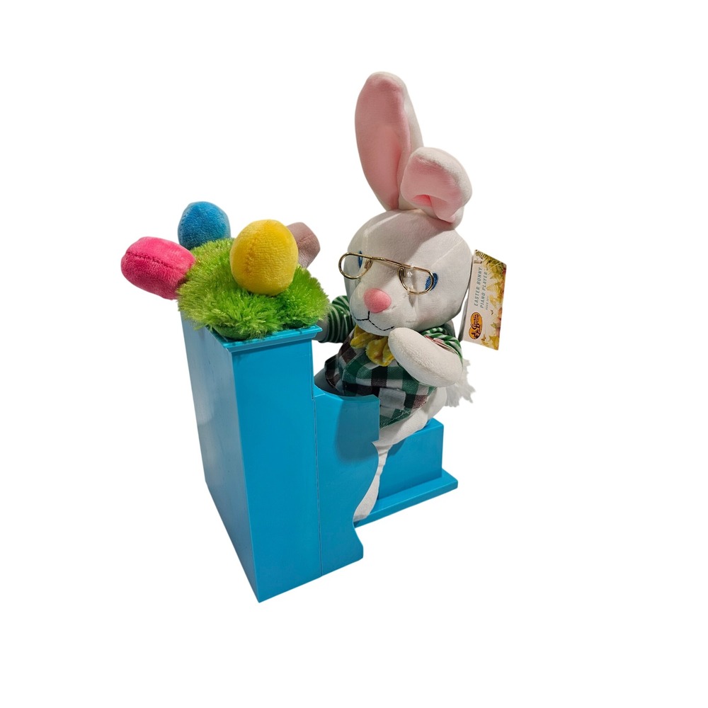 Cracker Barrel Easter Bunny Piano Player Animated Plush Musical Toy Blue Plaid